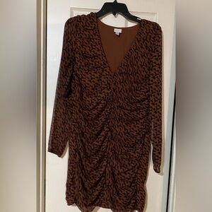 A New Day Women’s Bodycon Dress Brown Geo Print Long Sleeve Ruched Front Large
